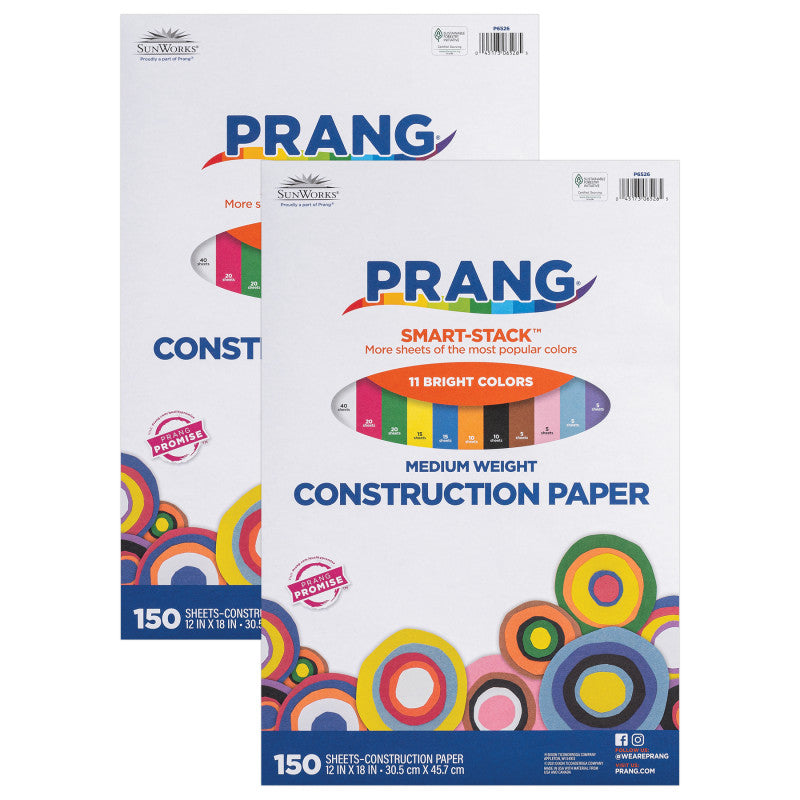 Smart Stack™ Construction Paper, Medium Weight, 11 Assorted Colors, 12" x 18", 150 Sheets Per Pack, 2 Packs