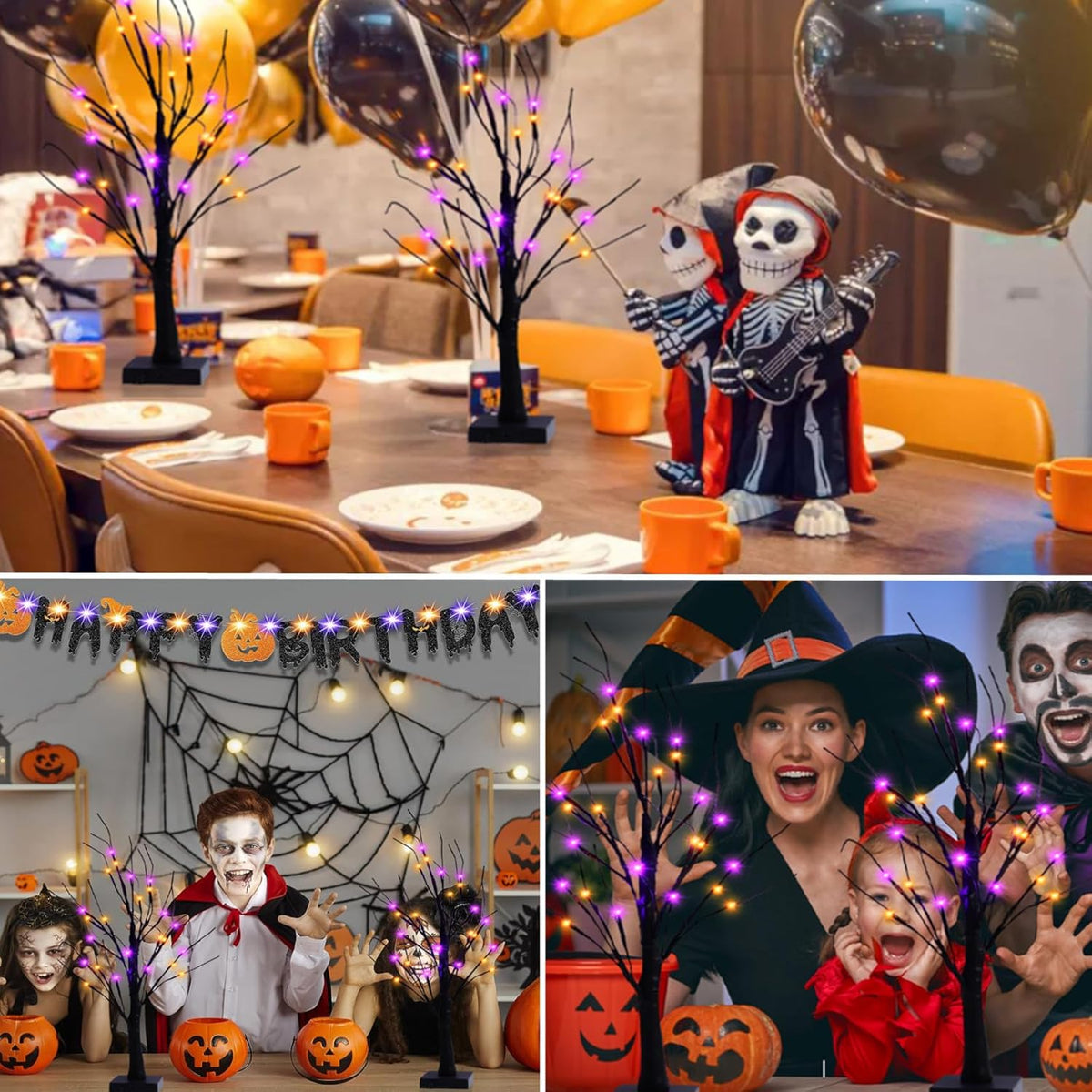2 Pack 24 Inch Halloween Black Spooky Tree with Orange & Purple Lights, Usb&Battery Operated Tabletop Halloween Black Tree with Timer for Halloween Decorations Indoor Home Holiday Party