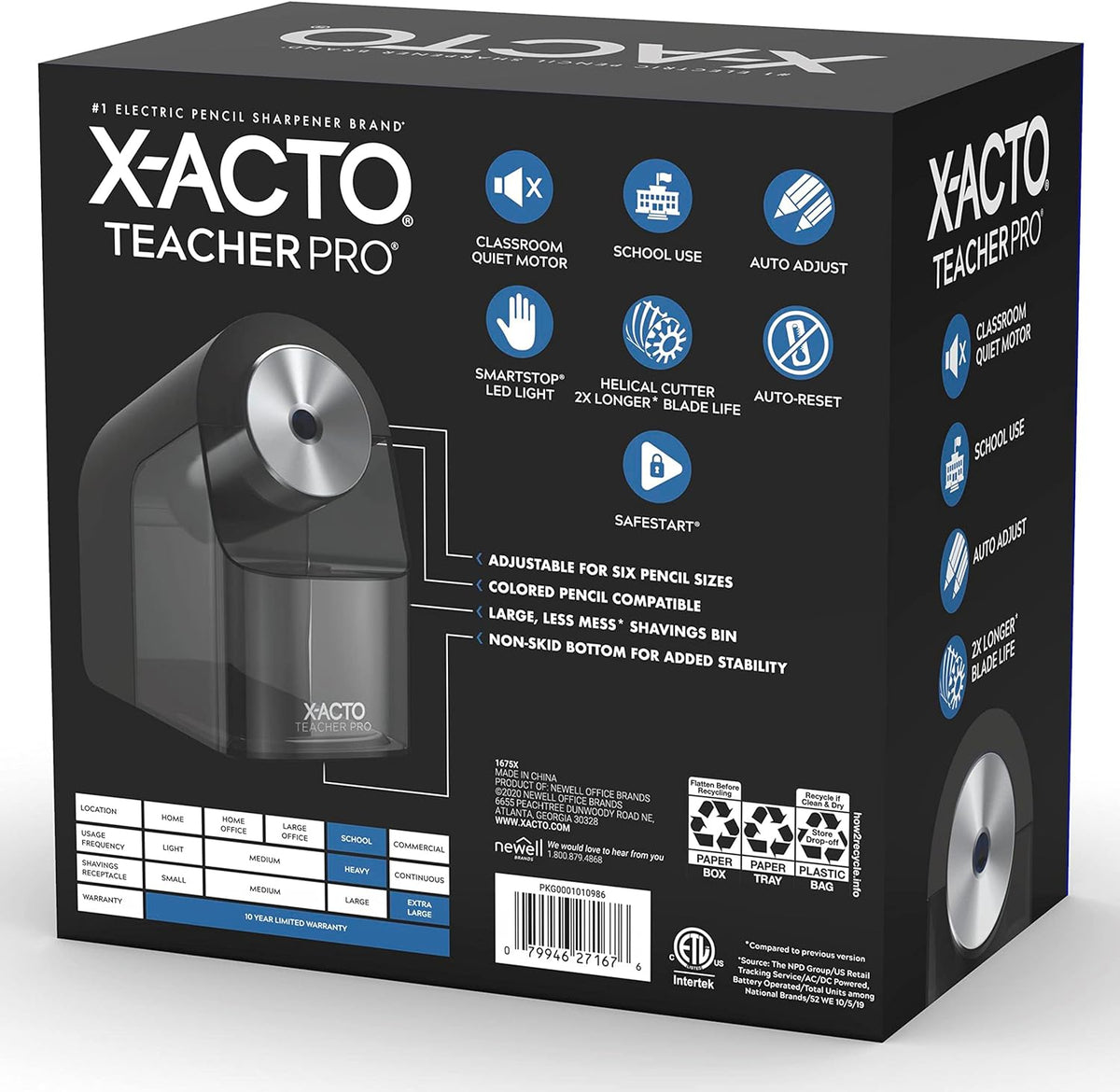 ® Pencil Sharpener, Teacher Pro® Electric Pencil Sharpener, with Auto Adjust Dial, Safestart® Motor, Smartstop®, Black, 1 Count