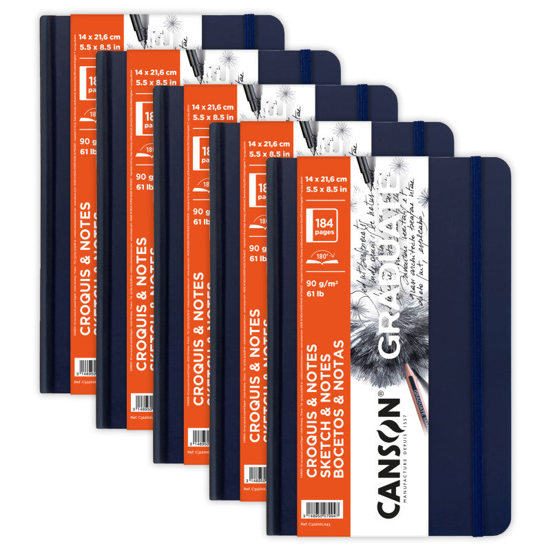Graduate Sketch & Notes Art Book, Dark Blue, Hard Cover Binding, 92 Sheet, 5.5x8.5 inch, Pack of 5