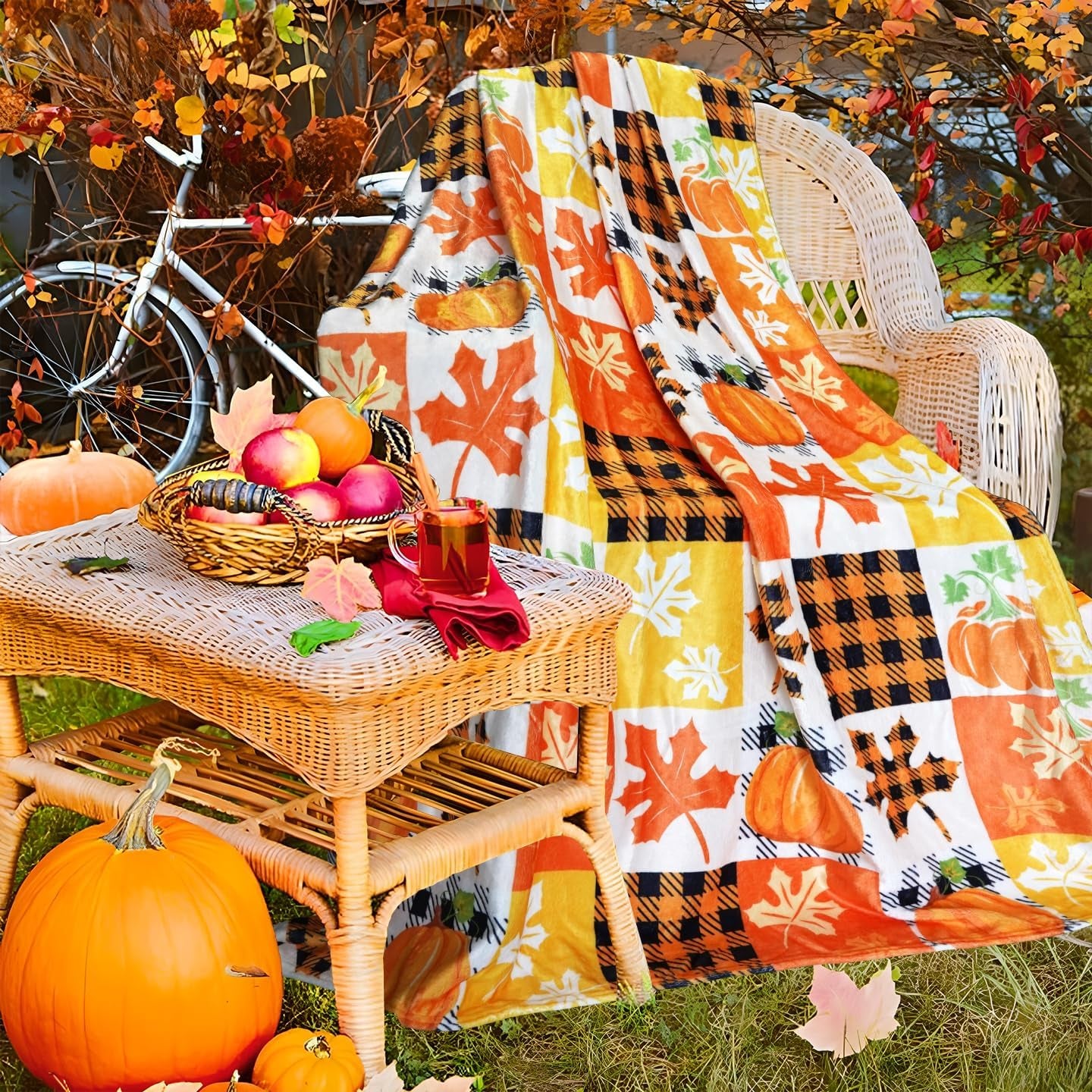 Fall Plaid Throw Blanket 50" X 60", Fall Blankets and Throws, Cozy Fall Fleece Throw Blanket for Couch, Autumn Pumpkin and Leaves Blanket, Fall Throws
