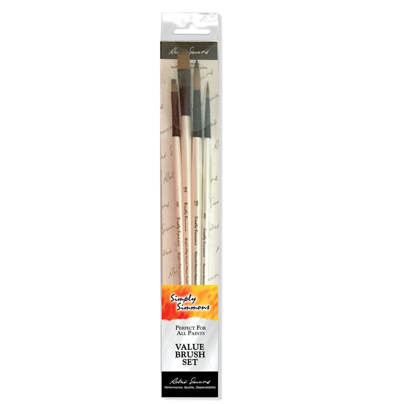 Simply Simmons Brush Set, Synthetic Bristles, Long Handle Acrylic & Oil Paintbrush, White, 4 Pieces