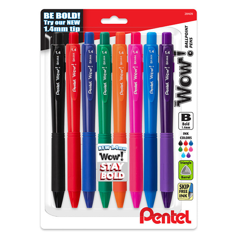 Wow! Retractable Ballpoint Pen, (1.4mm) Bold Line, Assorted Ink, 8-Pack