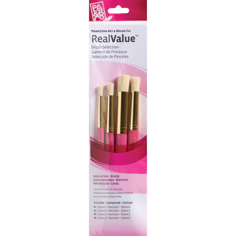 RealValue Stencil Brush Set, Natural Bristles, Short Handle Mixed Media Paintbrush, Pink, 4 Pieces