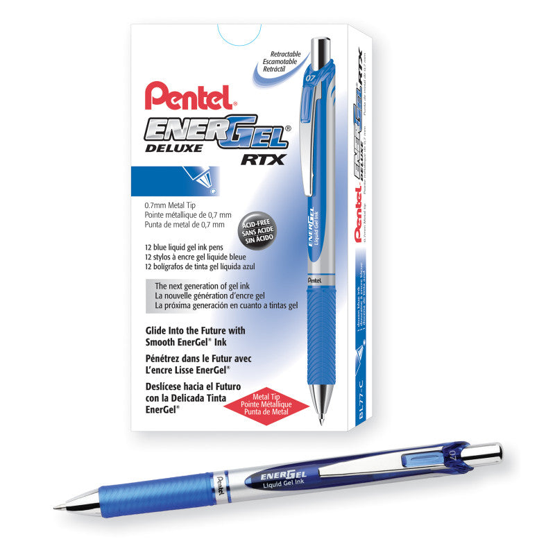 EnerGel RTX Retractable Liquid Gel Pen, (0.7mm) Metal Tip, Medium Line, Blue Ink, 1 Dozen
