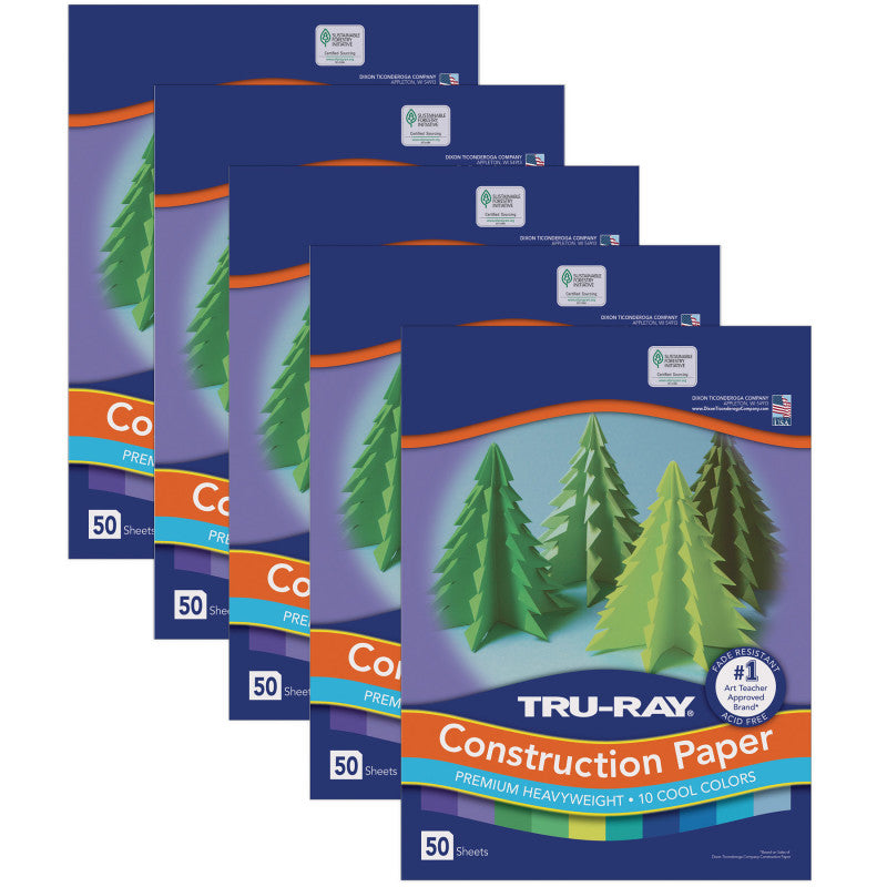 Construction Paper, Heavyweight, Cool Assorted, 12" x 18", 50 Sheets Per Pack, 5 Packs