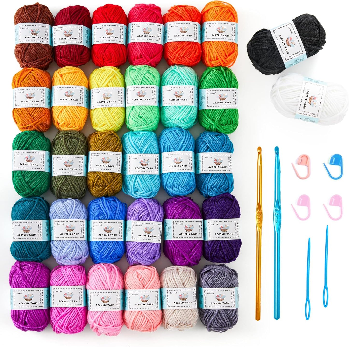 52 Acrylic Yarn Skeins, 1820 Yards 52 Colors, 2 Crochet Hooks, 2 Weaving Needles, 10 Stitch Markers, 1 Bag, for Crocheting & Knitting, Gift Beginners and Adults