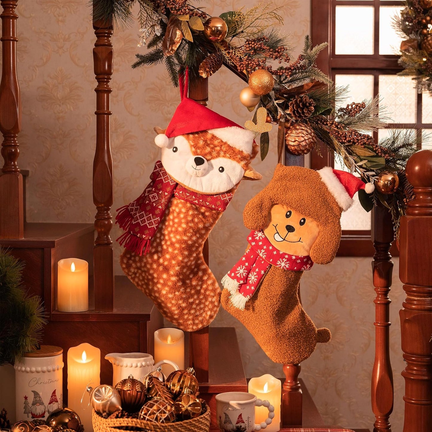 21Inch Sika Christmas Stocking, Cute Plush Personalized Fireplace Red Brown Hanging Stockings for Holiday Party Christmas Decorations and Xmas Gifts