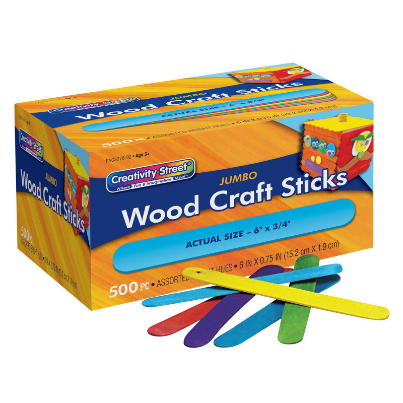 Jumbo Craft Sticks, Bright Hues Assorted, 6" x 0.75", 500 Pieces