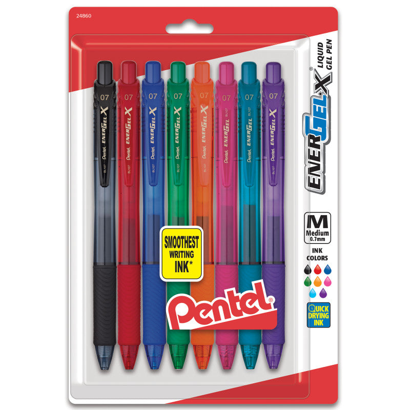 EnerGel-X Retractable Liquid Gel Pen, (0.7mm) Metal Tip, Medium Line, Assorted Ink, 8-Pack