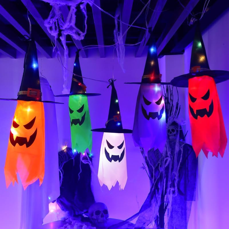 Halloween Decorations Outdoor, Halloween Hanging Light Witch Hats Ghost Decor,String Lights Suitable for Indoor outside Yard Tree Garden Porch Waterproof Halloween Ghost Lights(5Pcs)