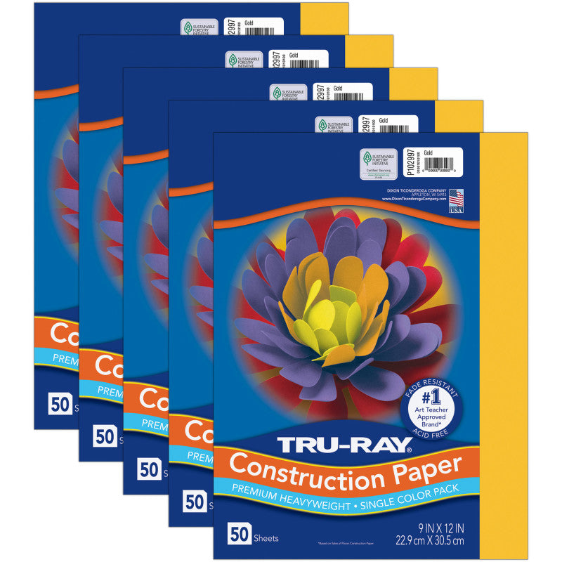 Construction Paper, Heavyweight, Gold, 9" x 12", 50 Sheets Per Pack, 5 Packs
