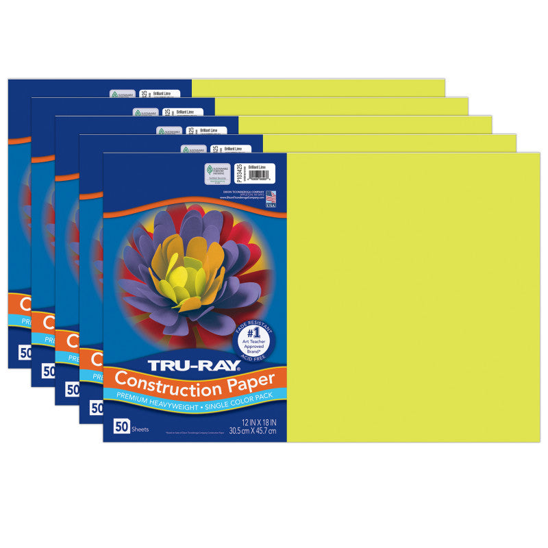 Construction Paper, Heavyweight, Brilliant Lime, 12" x 18", 50 Sheets Per Pack, 5 Packs
