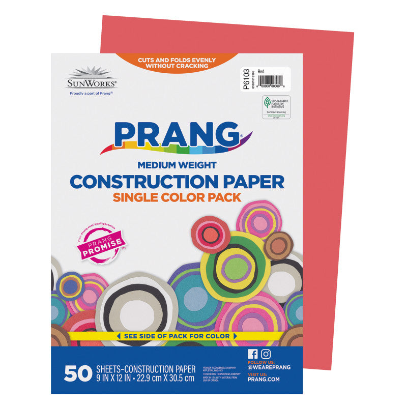 Construction Paper, Medium Weight, Red, 9" x 12", 50 Sheets