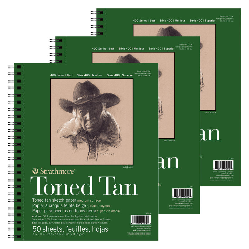400 Series Sketch Pad, Recycled, Toned Tan, Side Wire Binding, 50 Sheet, 9x12 inch, Pack of 3