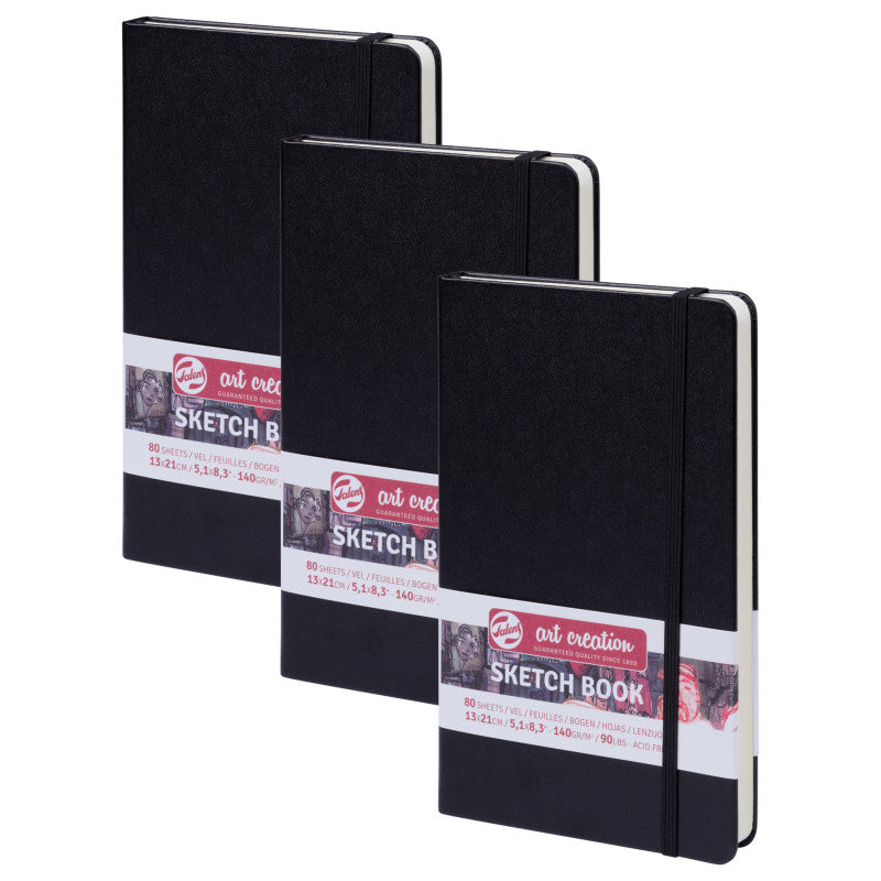 Sketchbook, 80 Sheets, 90lbs, Black Cover, 5.1" x 8.3", Pack of 3