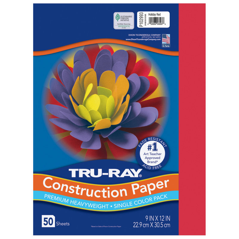 Construction Paper, Heavyweight, Holiday Red, 9" x 12", 50 Sheets