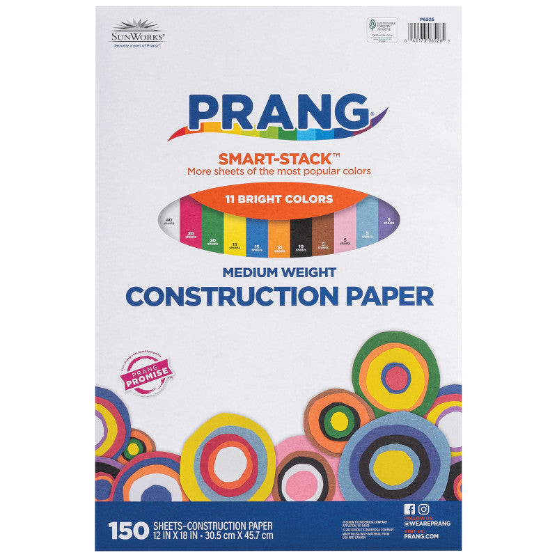 Smart Stack™ Construction Paper, Medium Weight, 11 Assorted Colors, 12" x 18", 150 Sheets