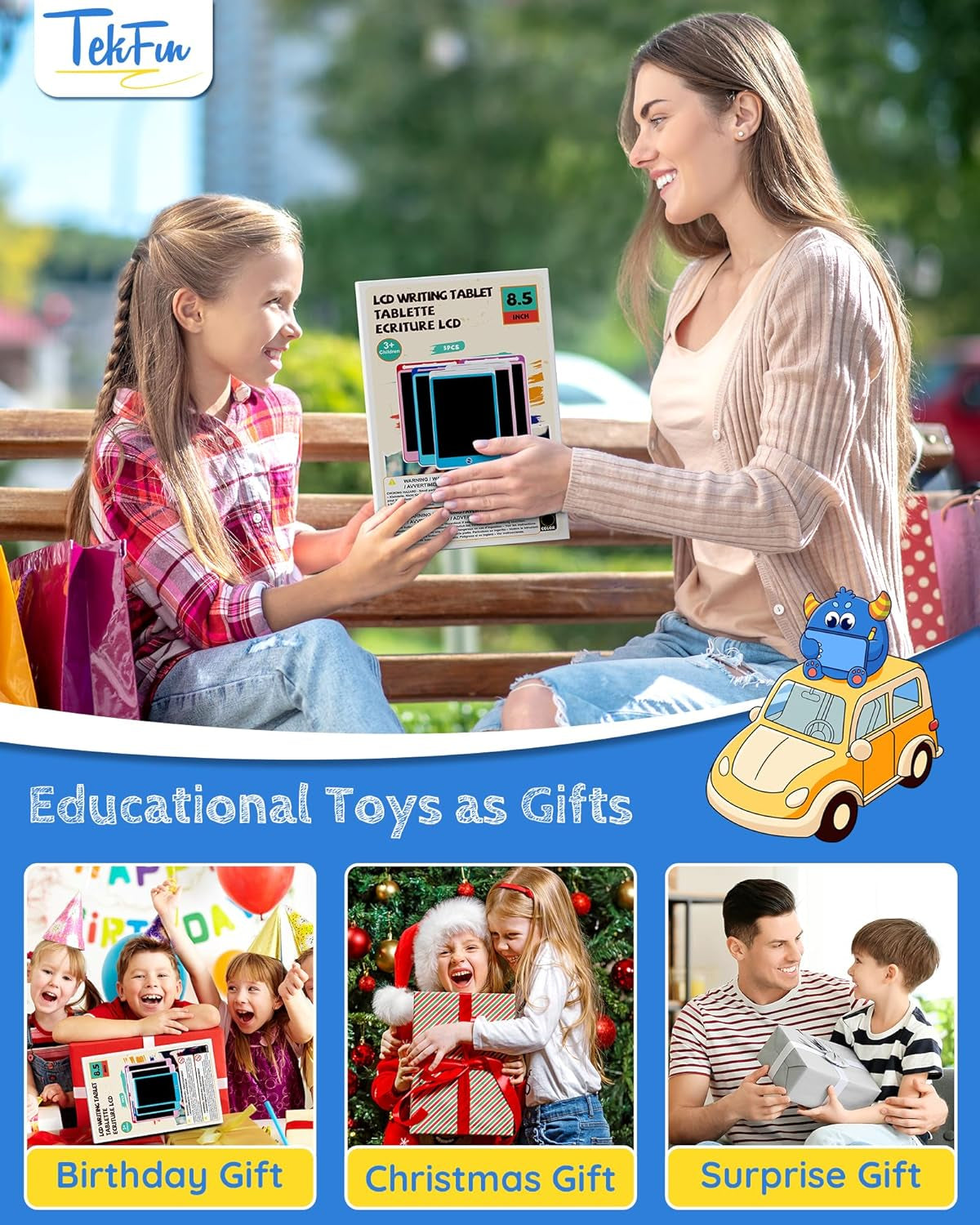 3 Pack LCD Writing Tablet for Kids, 8.5 Inch Blue+Pink+Purple Doodle Board Drawing Board Reusable Drawing Tablet with Lanyard, Educational Kids