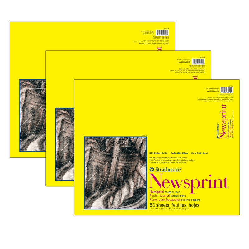 300 Series Newsprint Pad, Tape Binding, 50 Sheet, 14x17 inch, Pack of 3