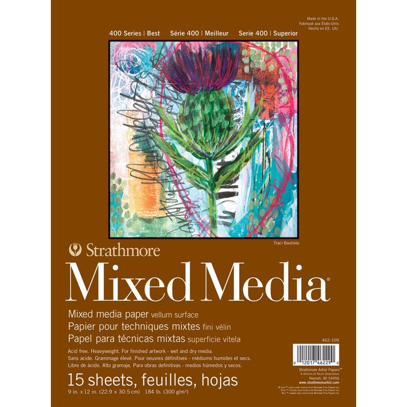 400 Series Mixed Media Paper Pad, Glue Binding, 15 Sheet, 9x12 inch, 1 Count