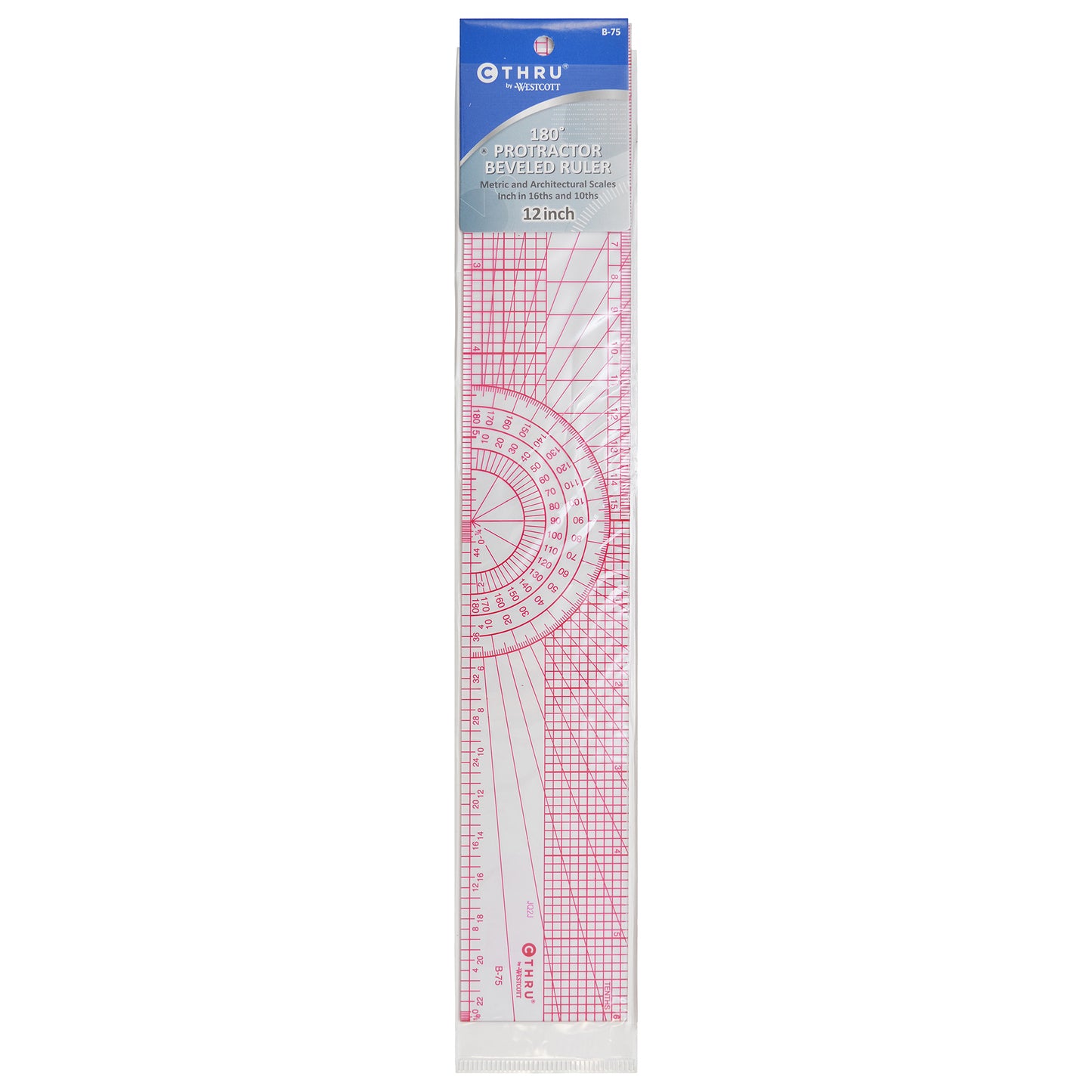 Beveled Protractor Ruler, 12", Transparent, Pack of 6