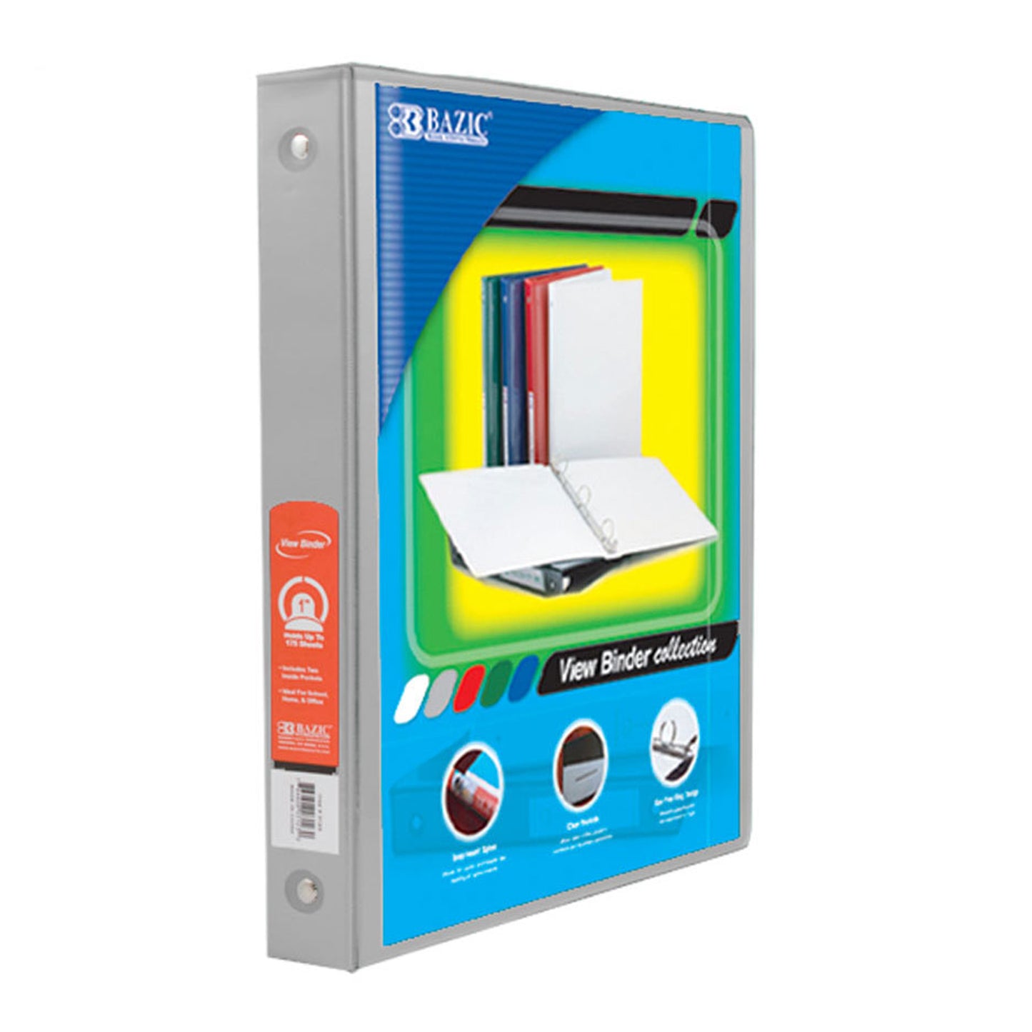 3-Ring View Binder with 2 Pockets, 1", Gray