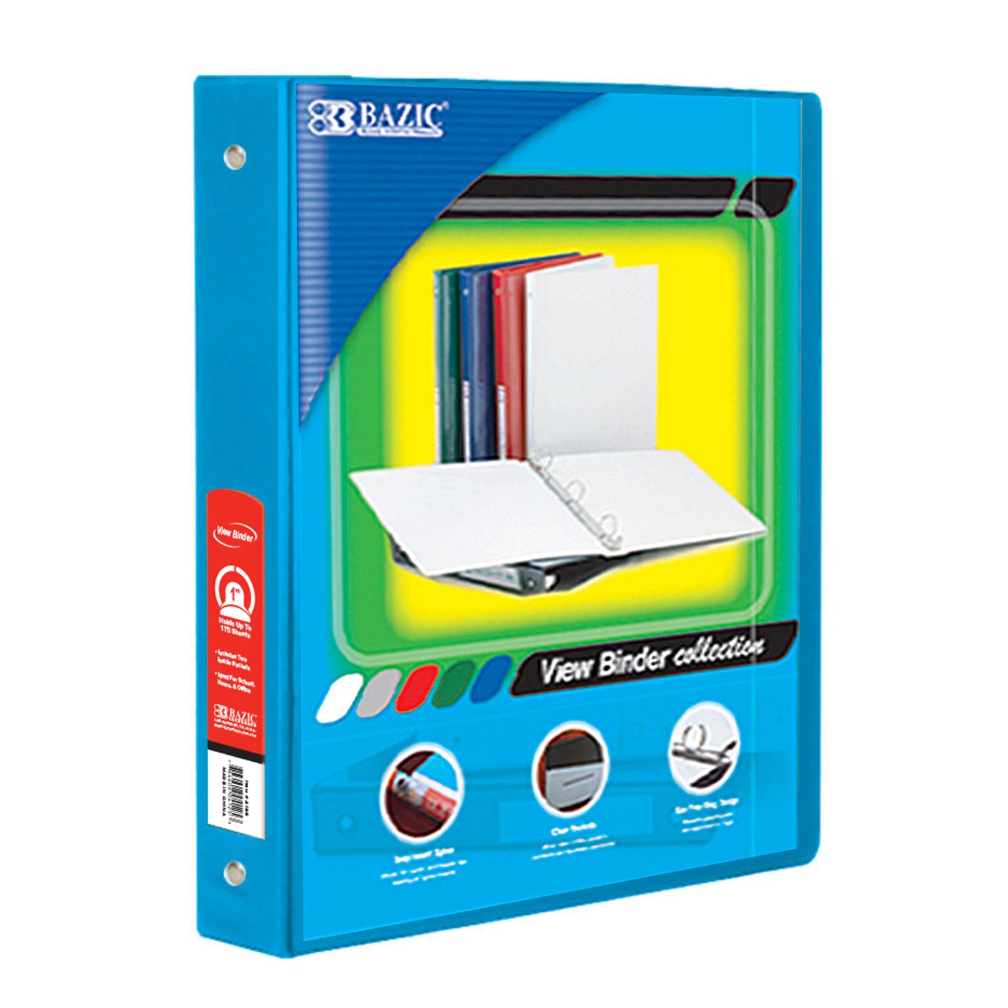 3-Ring View Binder with 2 Pockets, 1", Cyan