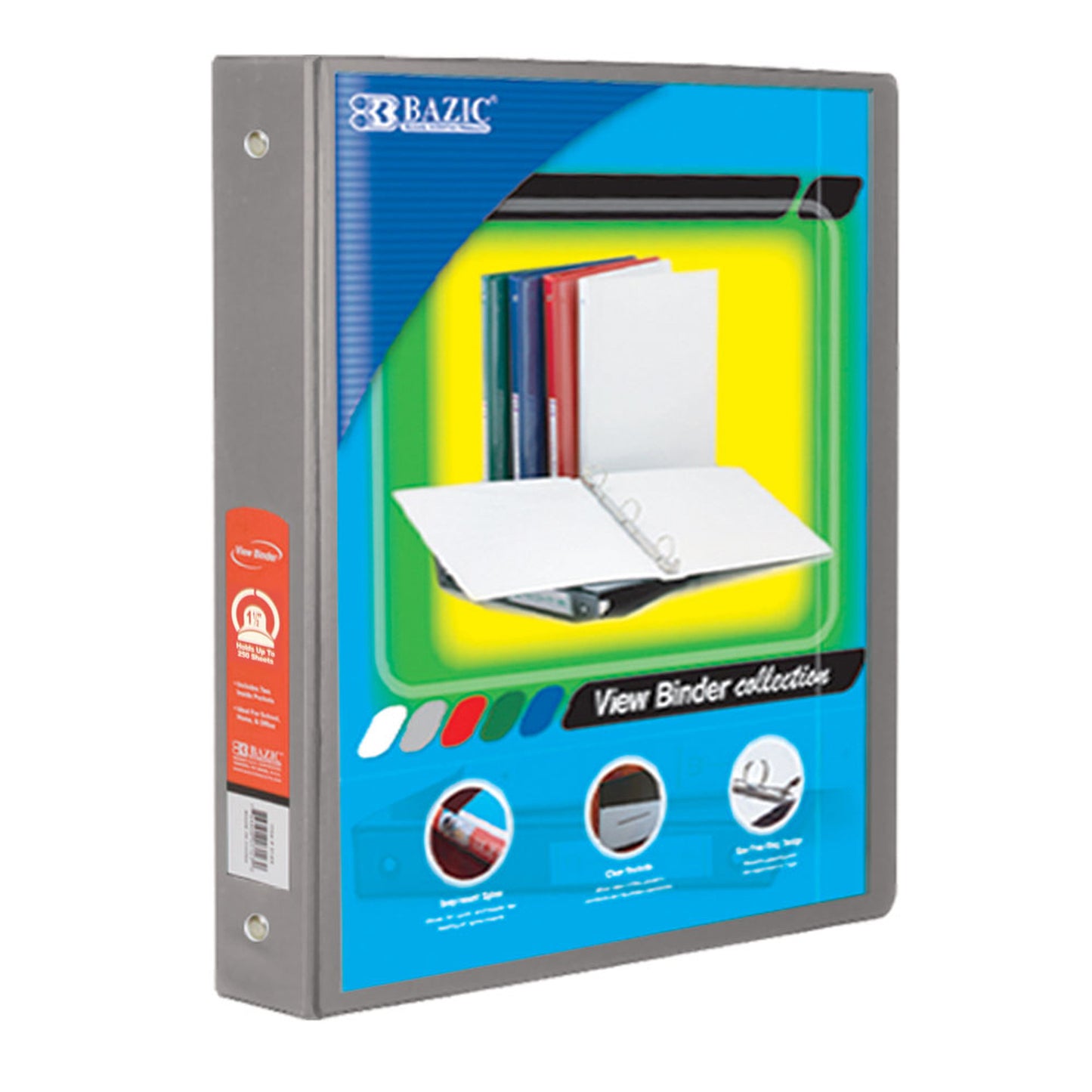 3-Ring View Binder with 2 Pockets, 1.5", Gray