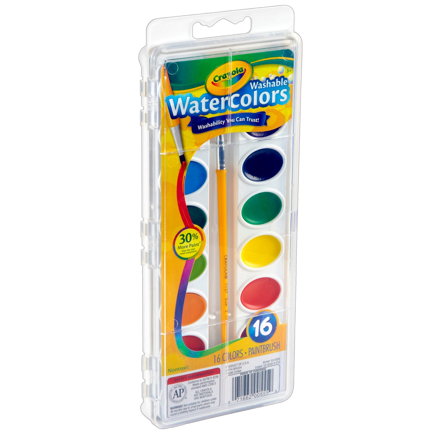 Washable Watercolors, 16 Semi-Moist Oval Pans & Brush