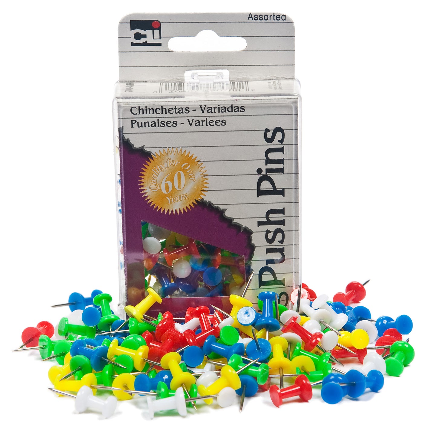 Push Pins, Assorted Colors, Box of 100