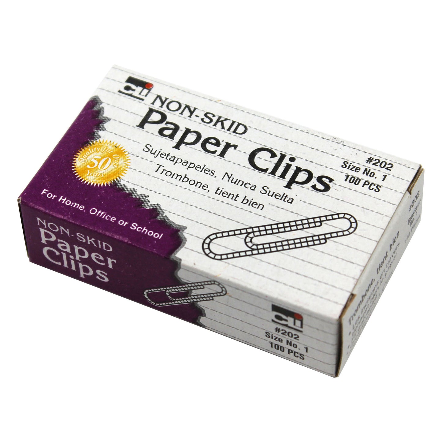 Paper Clips, Non-Skid, Size #1, Silver, 100 Per Pack, 10 Packs