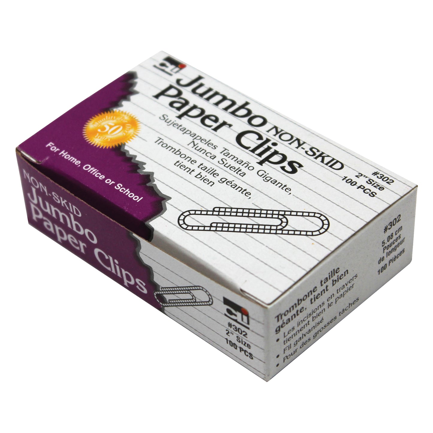 Paper Clips, Non-Skid, Jumbo, Silver, 100 Per Box, 10 Boxes