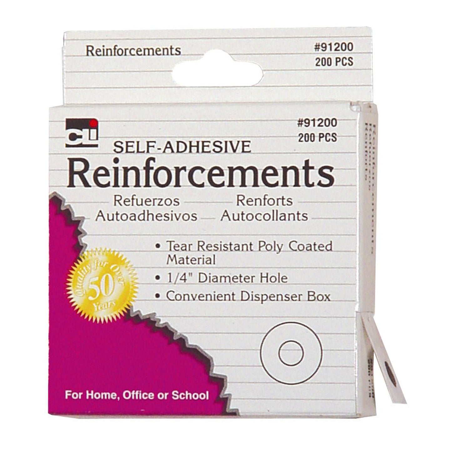 Paper Hole Reinforcements, Self-Adhesive, 1/4 Inch Holes Reinforcements in Dispenser Box, White, 200/Box