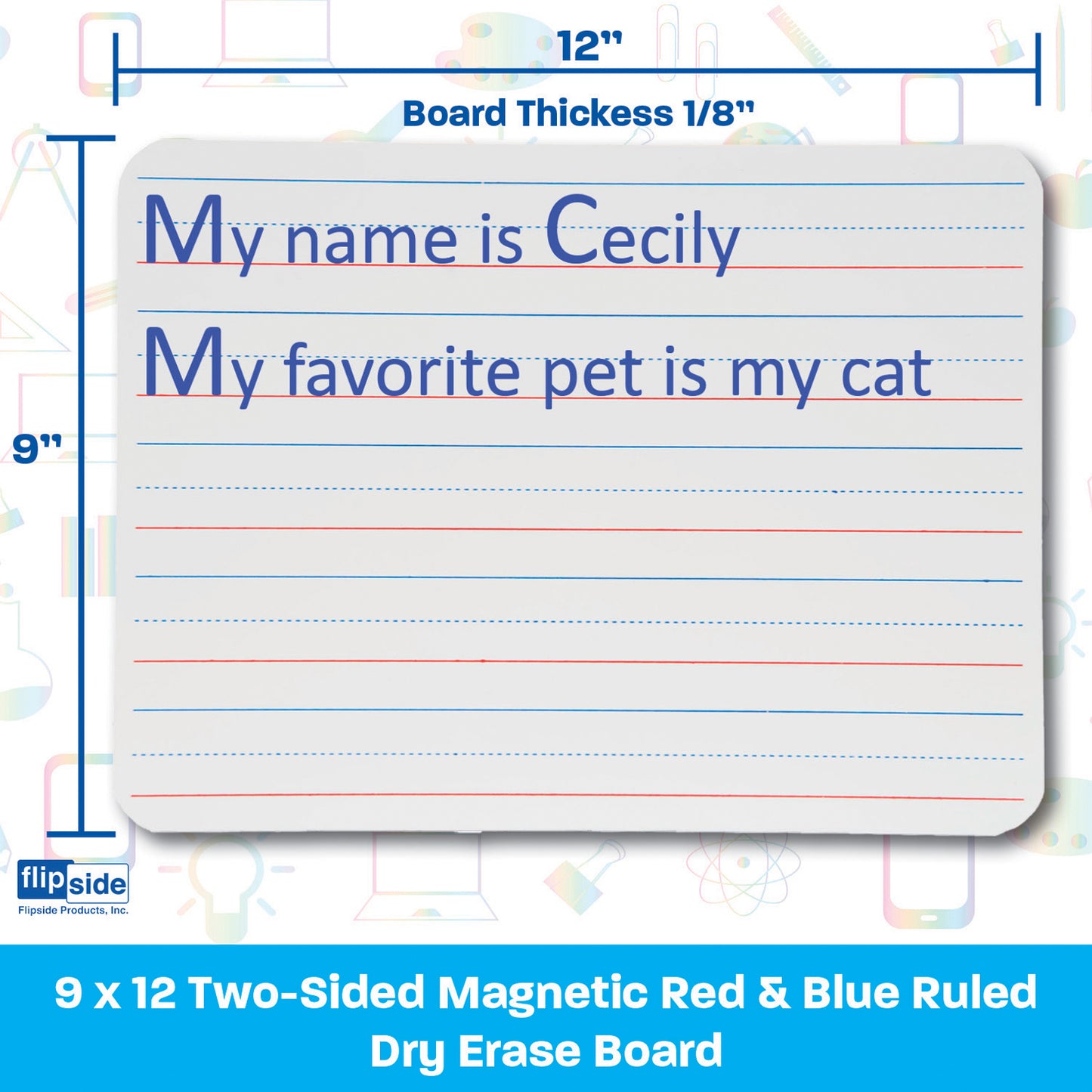 Two-Sided Magnetic Dry Erase Board, Plain/Ruled, 9" x 12"