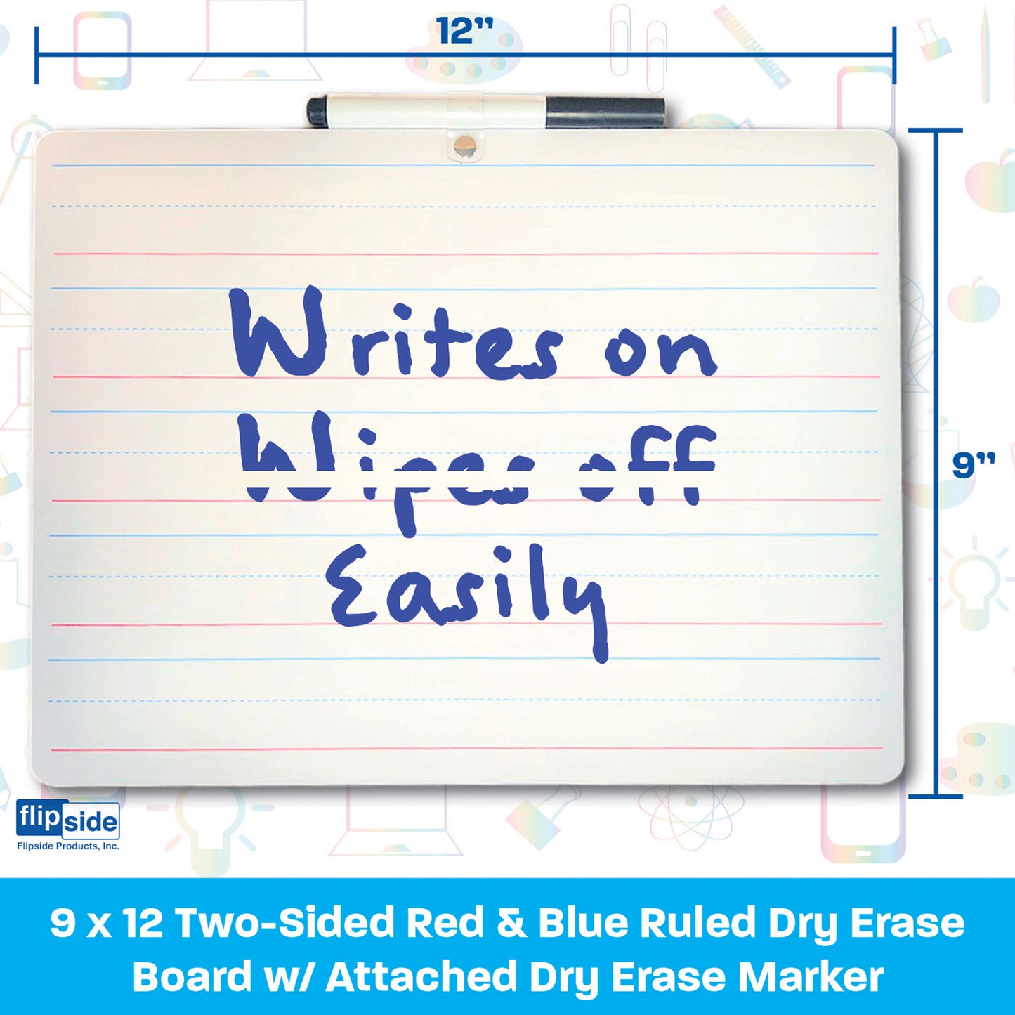 Two-Sided Primary Ruled/Blank Dry Erase Board with Attached Marker, 9" x 12", Single