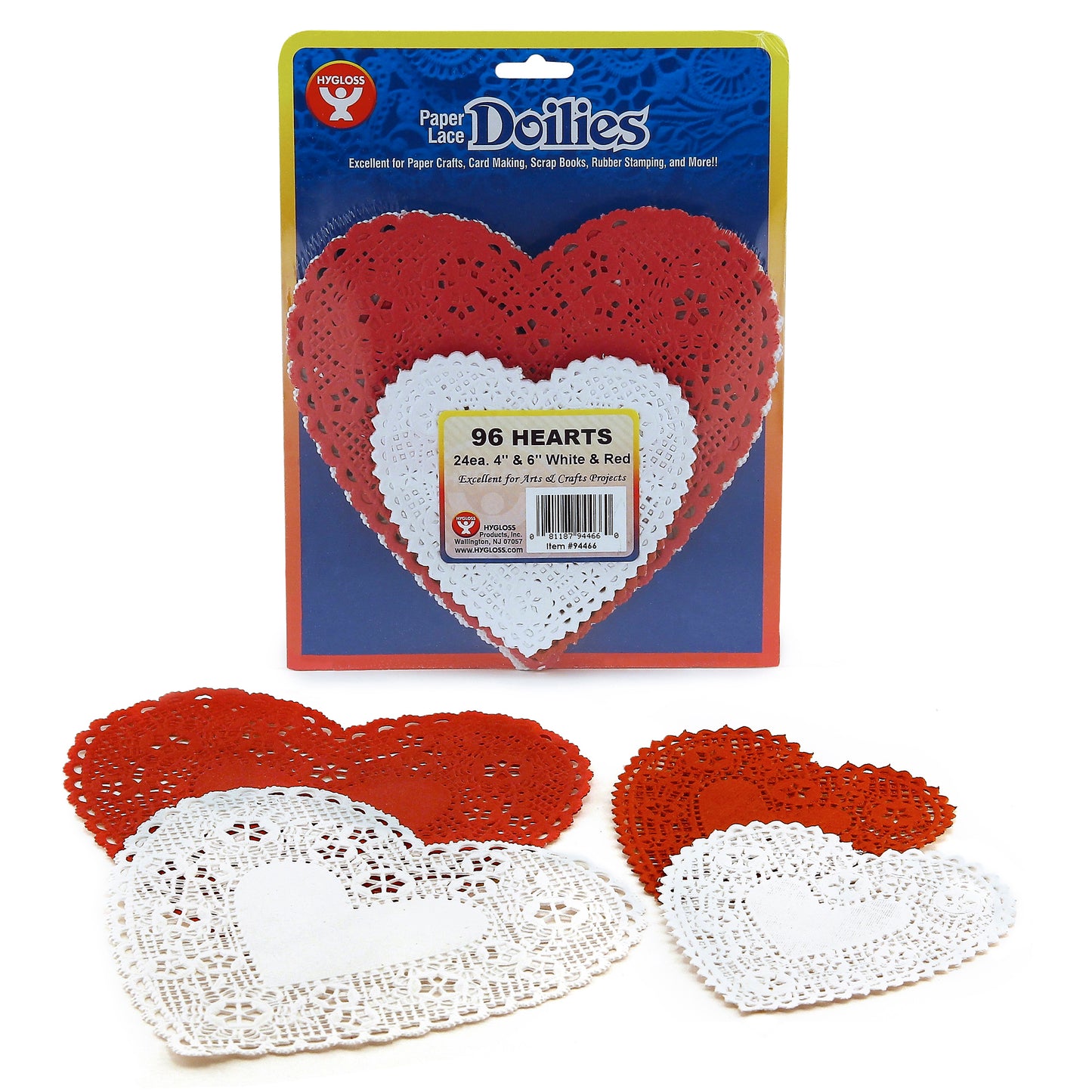 Doilies, White & Red Hearts, 4" & 6", Pack of 96