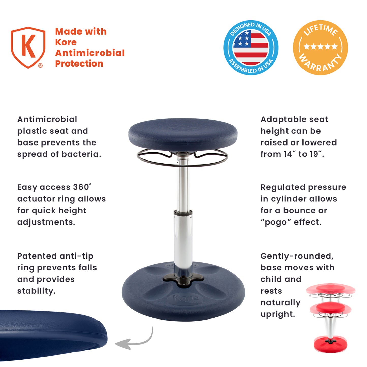 Kids Adjustable Standard Wobble Chair 14-19", Dark Blue