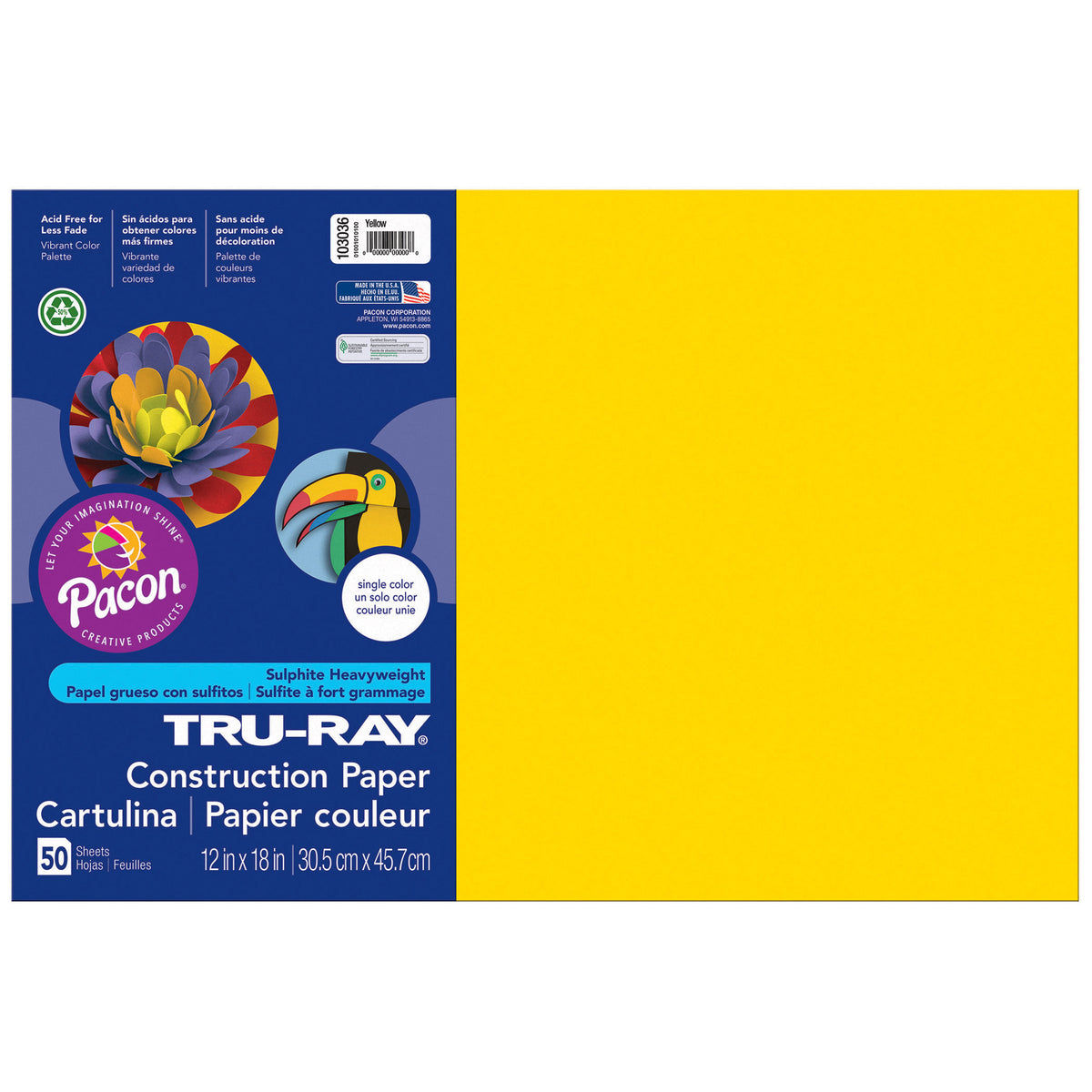 Construction Paper, Yellow, 12" x 18", 50 Sheets