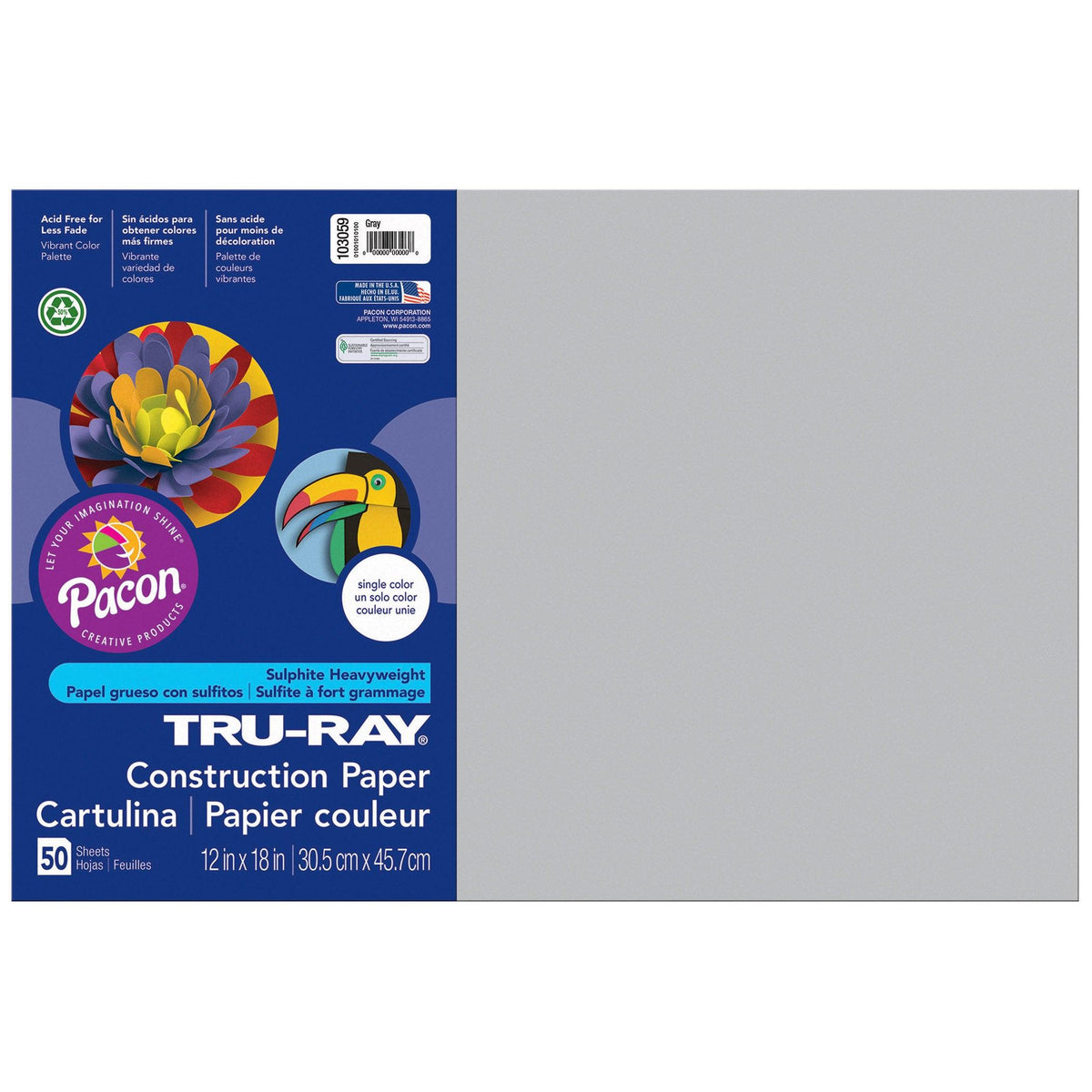 Construction Paper, Gray, 12" x 18", 50 Sheets Per Pack, 5 Packs - Loomini