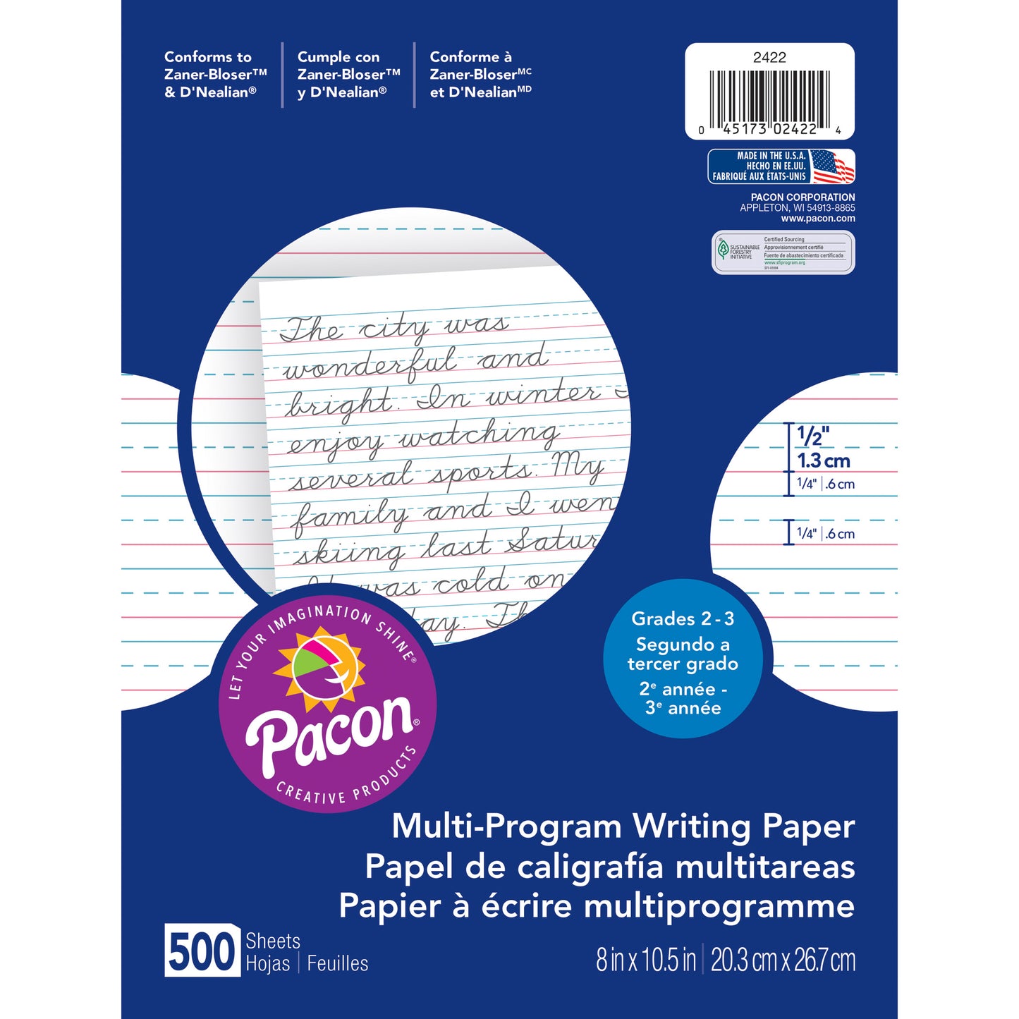 Multi-Program Handwriting Paper, 1/2" Ruled (Short Way), White, 10-1/2" x 8", 500 Sheets
