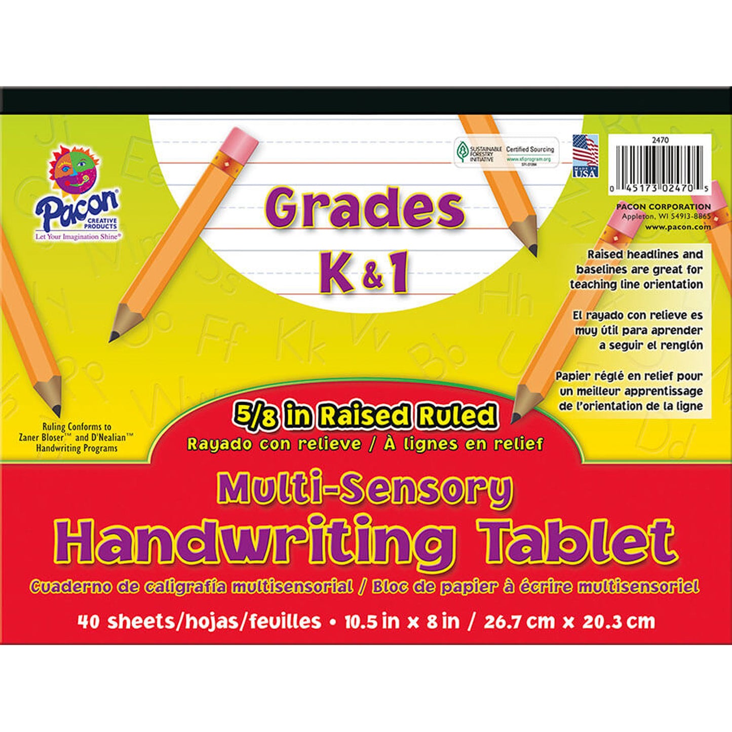 Multi-Sensory Raised Ruled Tablet, Tape Bound, 5/8" x 5/16" x 5/16" Ruled Long, 10-1/2" x 8", 40 Sheets