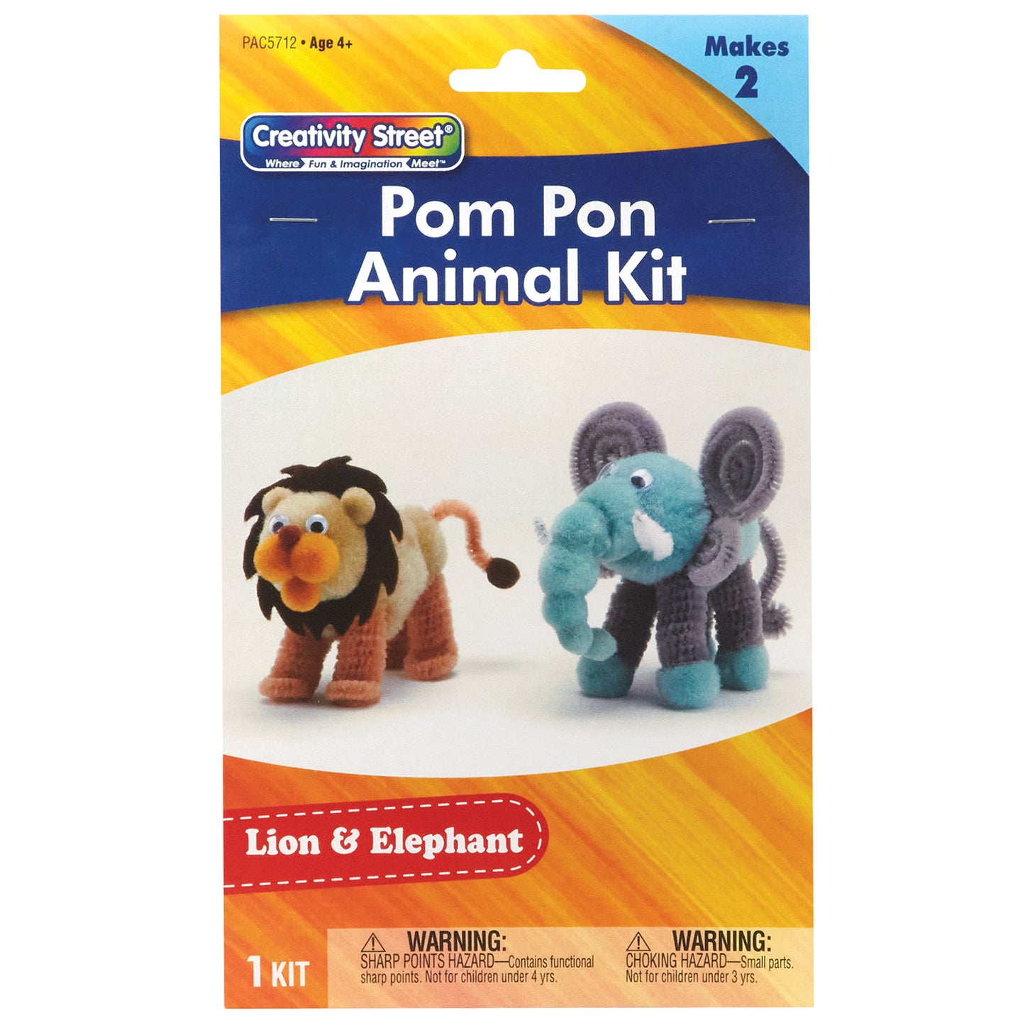 Pom Pon Animal Kit, Lion & Elephant, Assorted Sizes, 1 Kit Makes 2 Animals