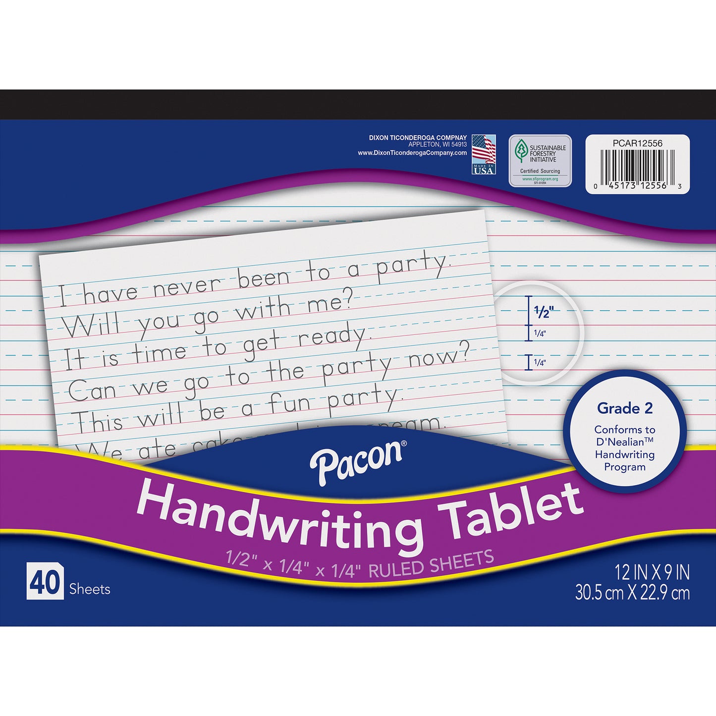 Handwriting Tablet, White, 1/2 in x 1/4 in x 1/4 in Ruled Long, 12" x 9", 40 Sheets