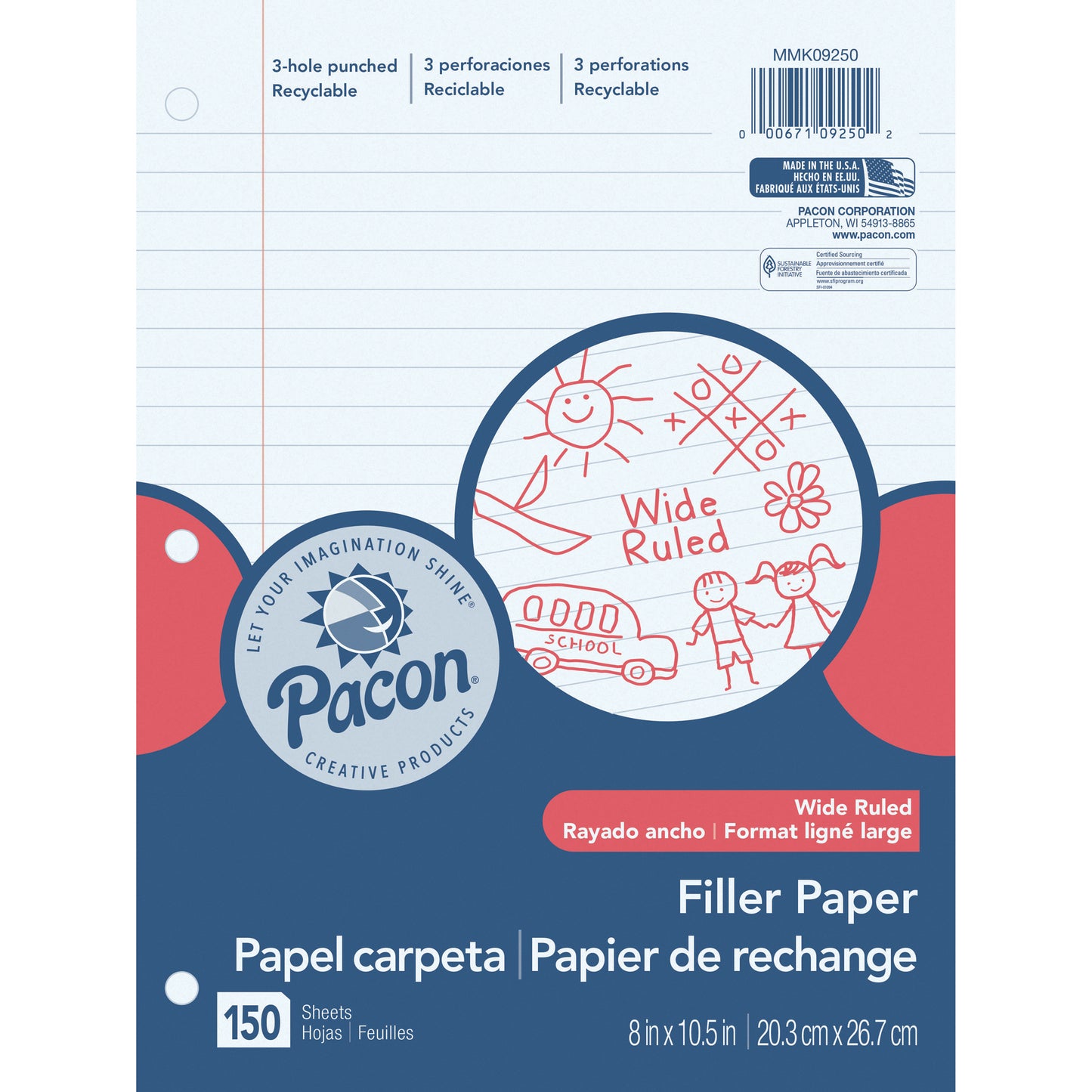 Filler Paper, White, 3-Hole Punched, Red Margin, 3/8" Ruled, 8" x 10-1/2", 150 Sheets