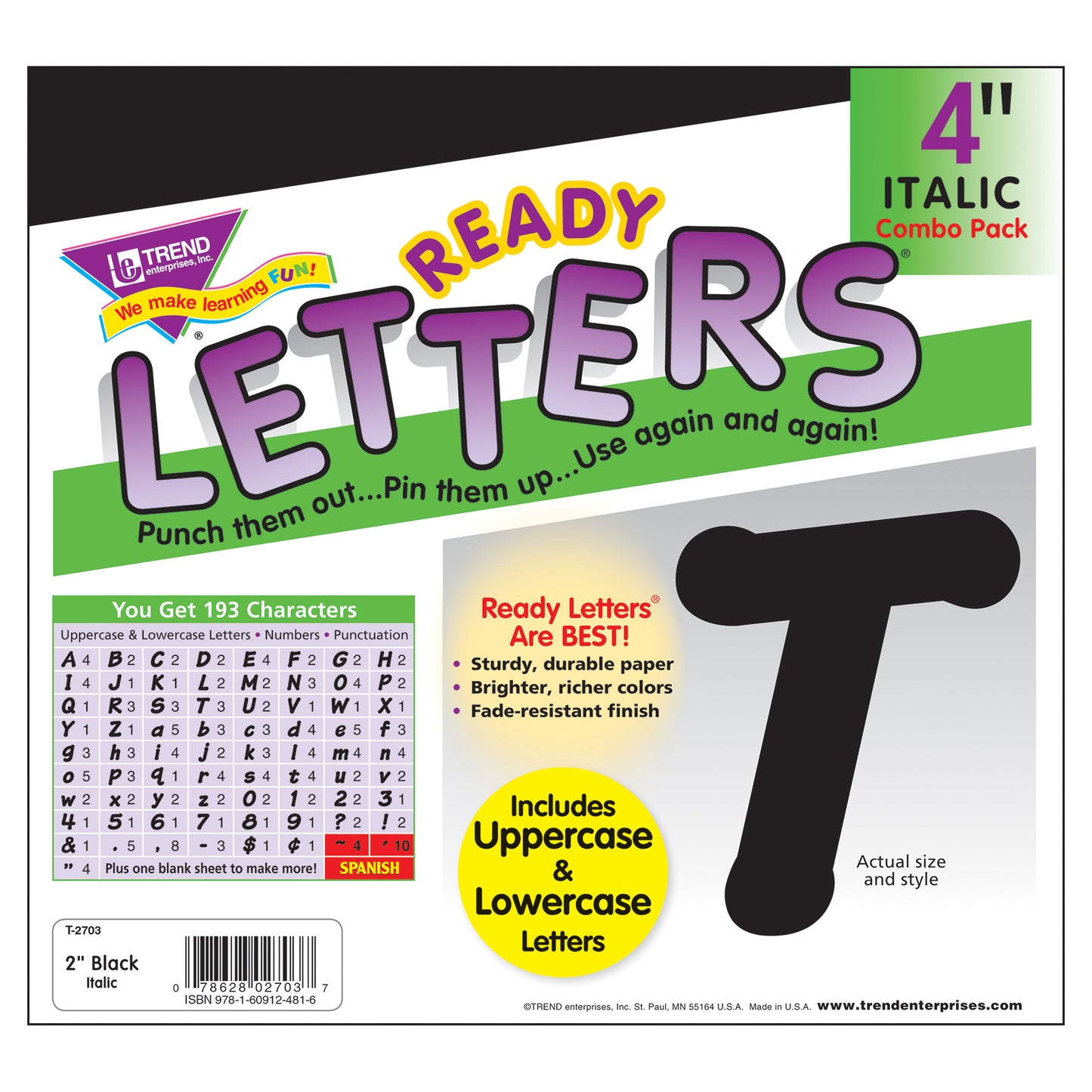 Black 4-Inch Italic Uppercase/Lowercase Combo Pack (EN/SP) Ready Letters®