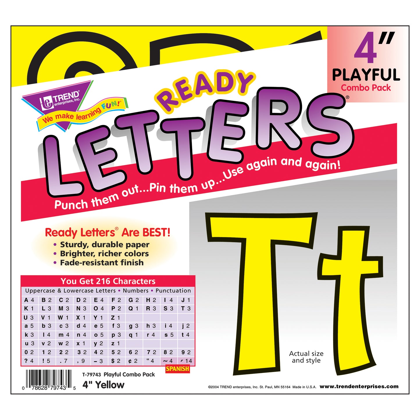 Yellow 4-Inch Playful Uppercase/Lowercase Combo Pack (EN/SP) Ready Letters®