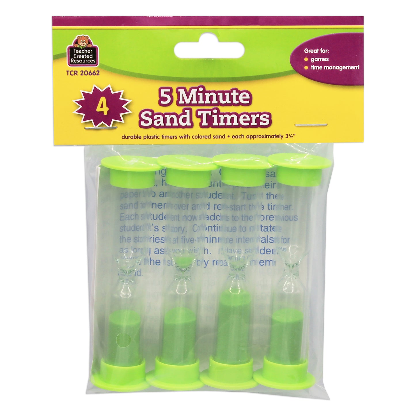 5 Minute Sand Timers - Small, Green, Pack of 4