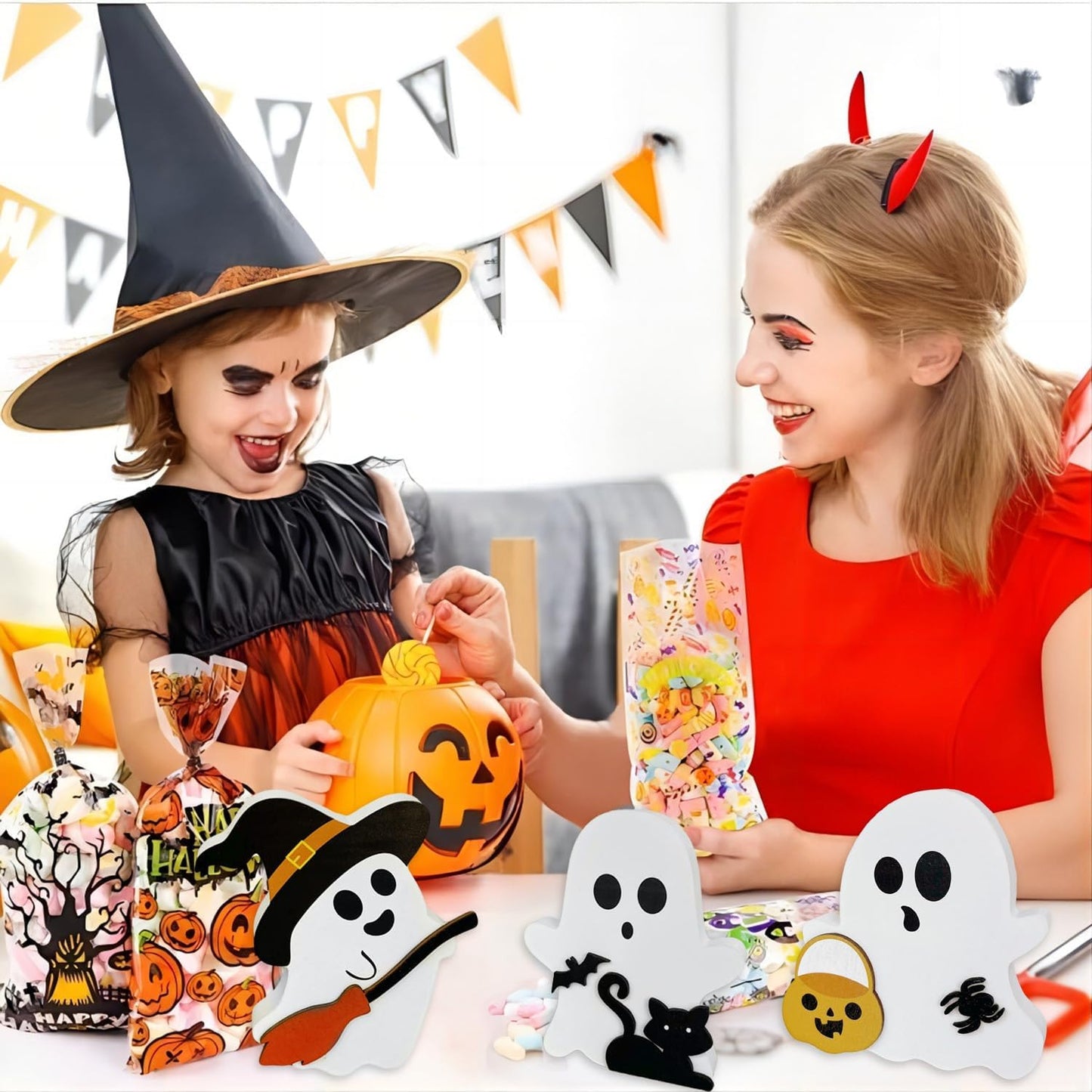 Cute Ghost Halloween Decorations for Indoors, Spooky Decorations, Wooden Tiered Tray Decor Table Sign, Black Cat, Bat, Witch Broom Signs, Pumpkin Blocks for Party Home Shelf Display