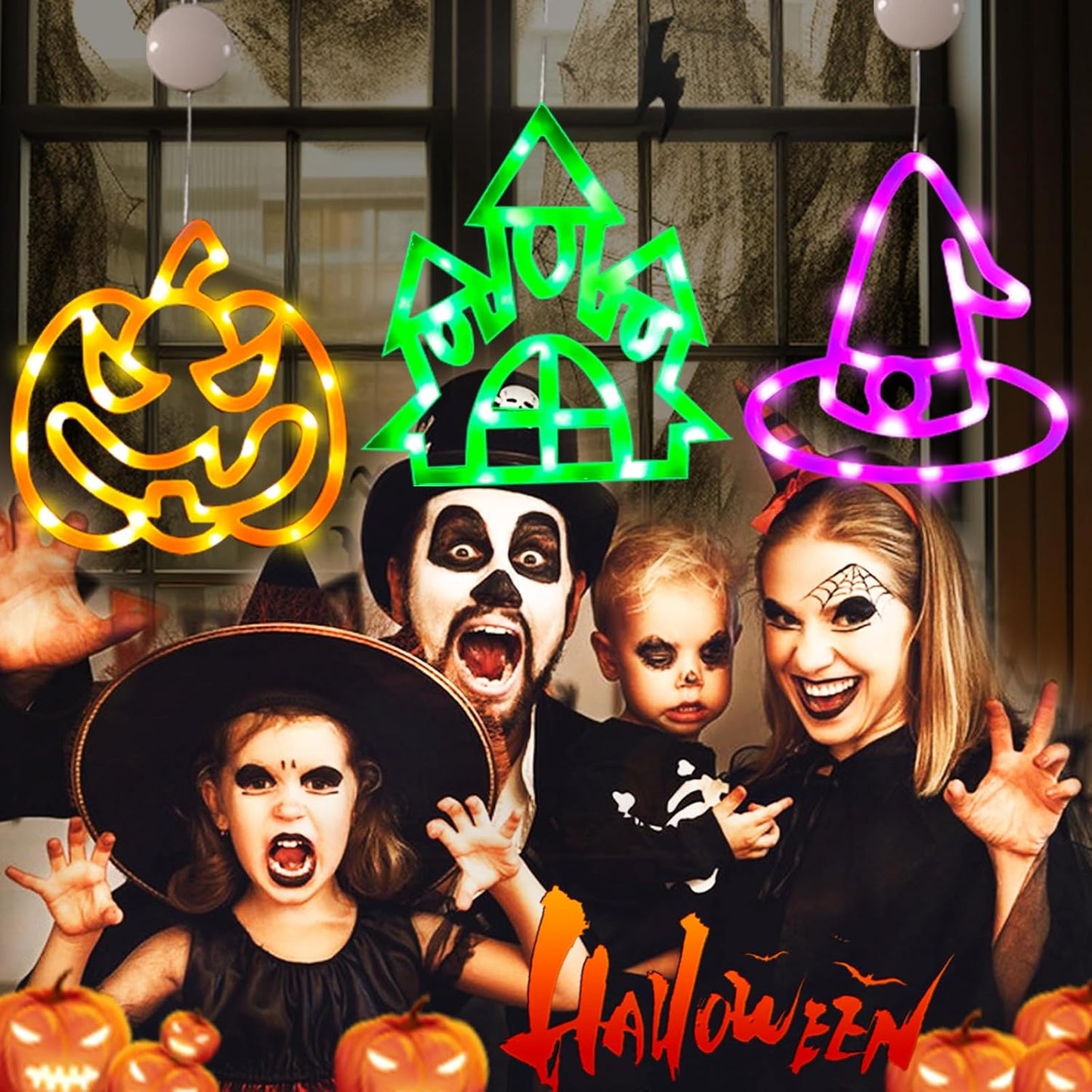 Halloween Decorations Lights,3Pcs Halloween Lights Halloween Window Decorations, Orange Pumpkin, Purple Witch Hat, Green House Lights, Halloween Decorations Outdoor Indoor Home Party Gift (3 Hooks)